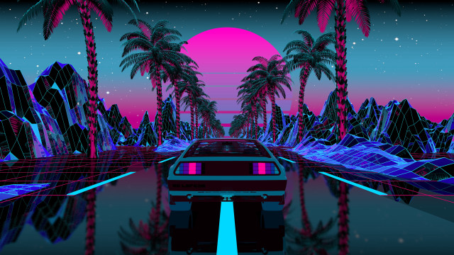Futuristic landscape palm mountains sunset free wallpaper - medium preview image