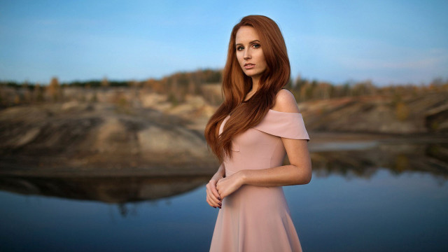 Woman dress lake mountain blue free wallpaper - medium preview image