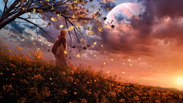 Painting person field tree sunset free wallpaper - medium preview image