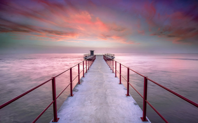 Pier red railing lighthouse cloudy free wallpaper - medium preview image
