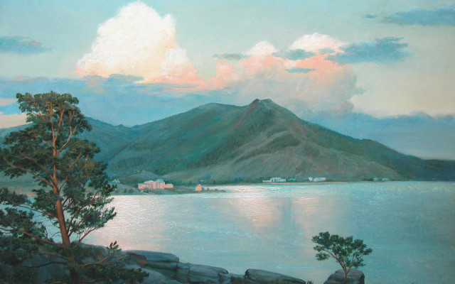 Mountain lake house cloudy sky free wallpaper - medium preview image