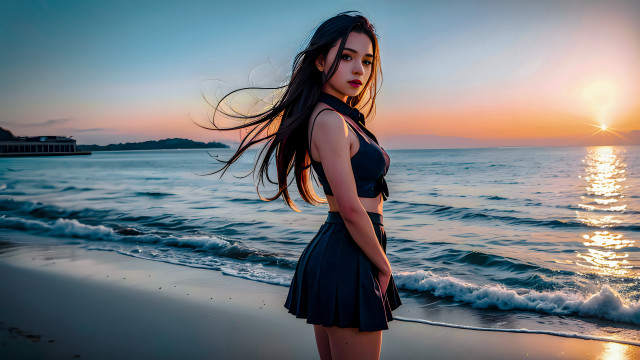 Beach sunset anime girl long free wallpaper - medium preview image