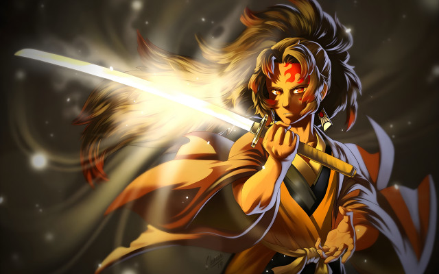 Glowing sword woman anime kimono free wallpaper - medium preview image