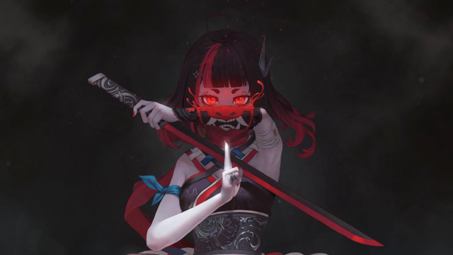 Woman demonmask sword cyberpunk glowing free wallpaper - medium preview image
