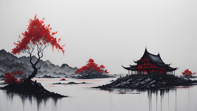 Red pagoda lake mountains autumn free wallpaper - medium preview image