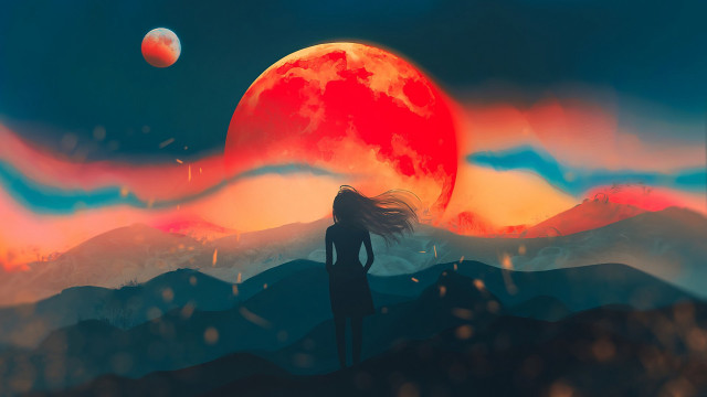 Woman hill red moon fantasy free wallpaper - medium preview image