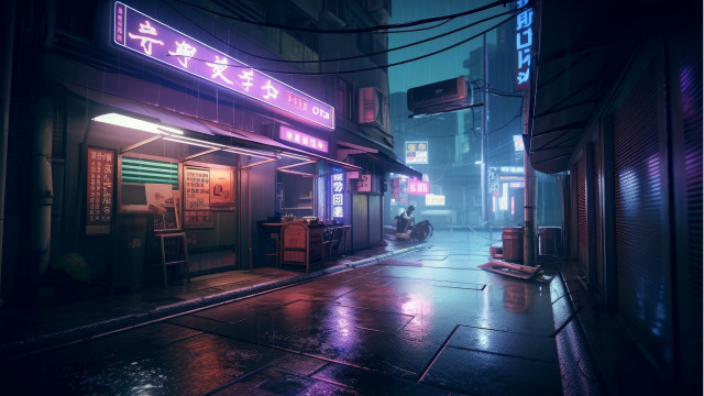 Neon street rainy night cyberpunk free wallpaper - medium preview image