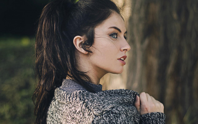 Woman tree ponytail sweater portrait free wallpaper - medium preview image