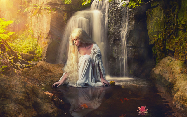 Woman waterfall forest autumn dress free wallpaper - medium preview image