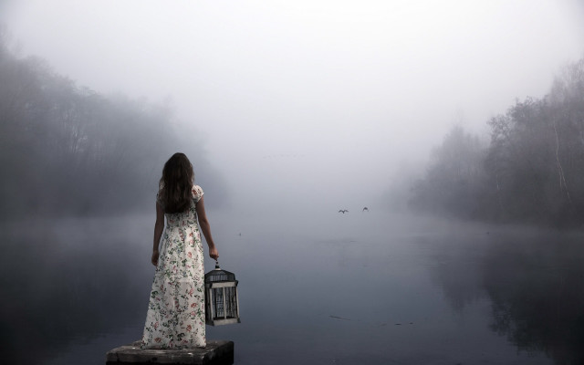 Woman dress suitcase dock foggy free wallpaper - medium preview image