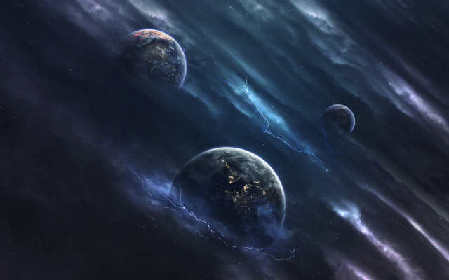 Planets clouds lightning purple blue free wallpaper - medium preview image