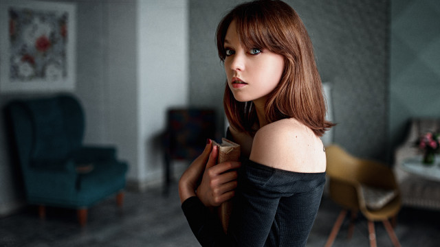 Red haired woman cup serious free wallpaper - medium preview image