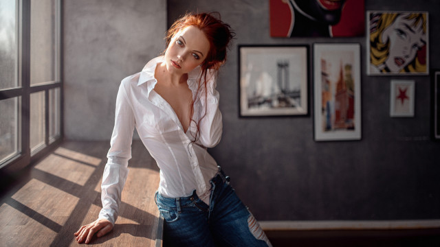 Woman leaning window wall portrait free wallpaper - medium preview image
