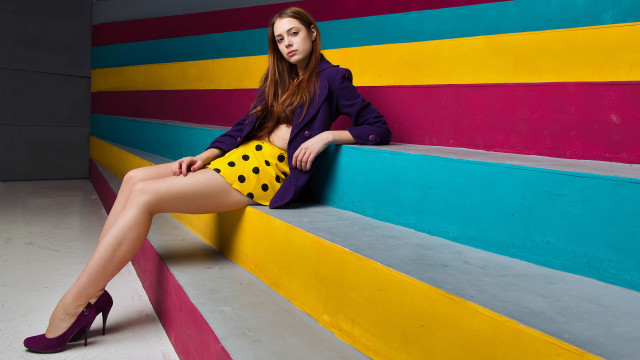 Woman purple jacket yellow skirt free wallpaper - medium preview image