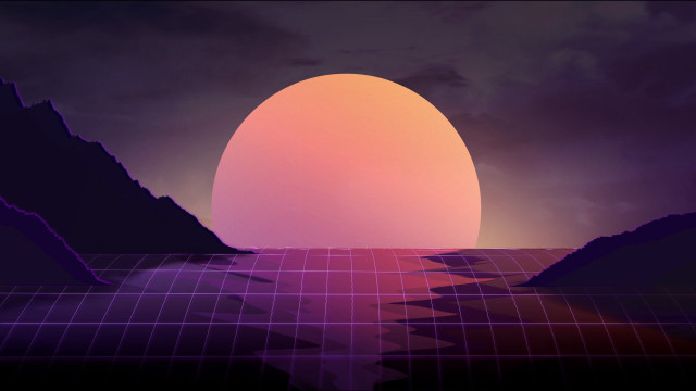Sunset mountain grid fence synthwave free wallpaper - medium preview image
