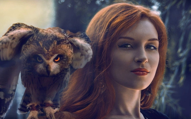 Red haired woman owl serious free wallpaper - medium preview image