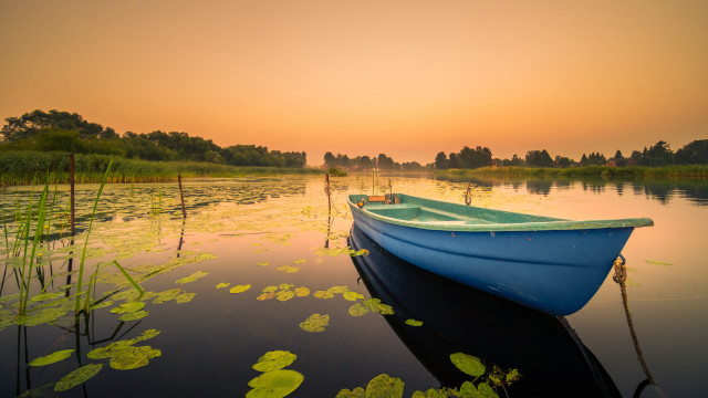 Small boat lake lilies sunset free wallpaper - medium preview image