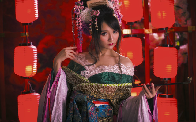 Woman fan lamp redbackground chinese free wallpaper - medium preview image