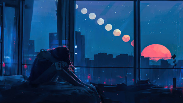 Night cityscape sitting window astronaut free wallpaper - medium preview image