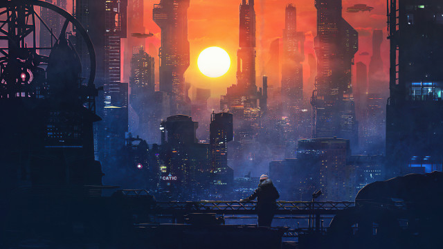 Bridge city sunset skyline moon free wallpaper - medium preview image