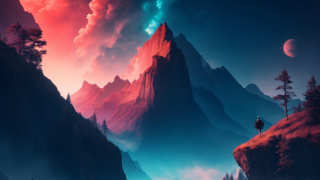 Cliff man mountain fullmoon clouds free wallpaper - medium preview image
