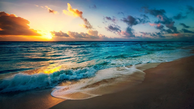 Beach waves sunset ocean lighthouse free wallpaper - medium preview image