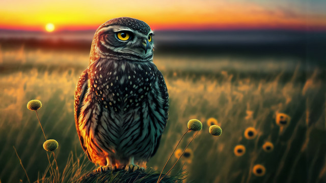 Owl rock dandelions sunset photorealistic free wallpaper - medium preview image