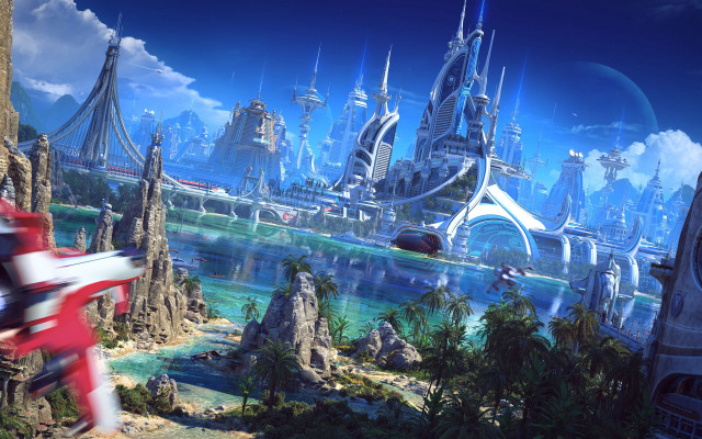 Futuristic city bridge red car free wallpaper - medium preview image