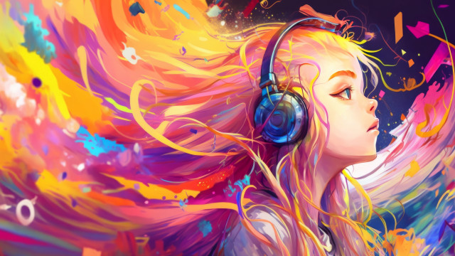Psychedelic girl fire wings headphones free wallpaper - medium preview image