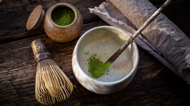 Wooden table green powder whisk free wallpaper - medium preview image