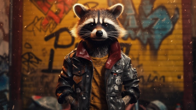 Raccoon leatherjacket scarf graffitibackground 3d free wallpaper - medium preview image
