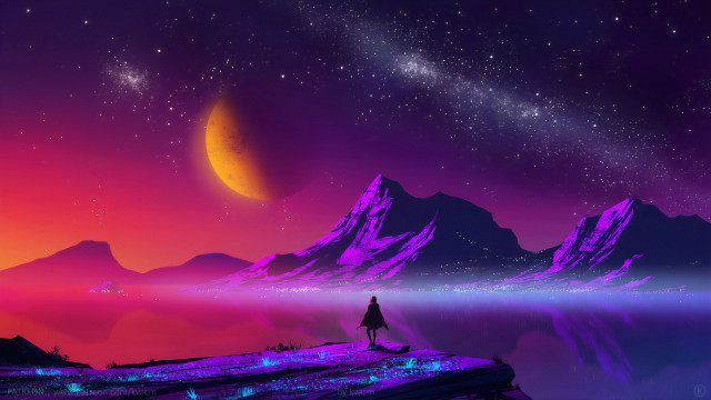 Starry sky moon hill mountains free wallpaper - medium preview image