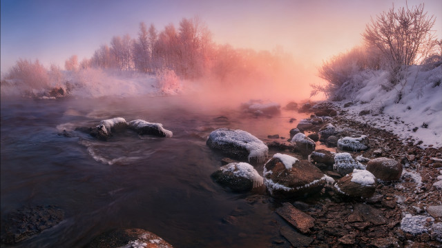 River snow rocks trees misty free wallpaper - medium preview image