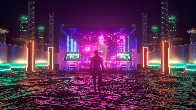 Flooded man tv neon cyberpunk free wallpaper - medium preview image