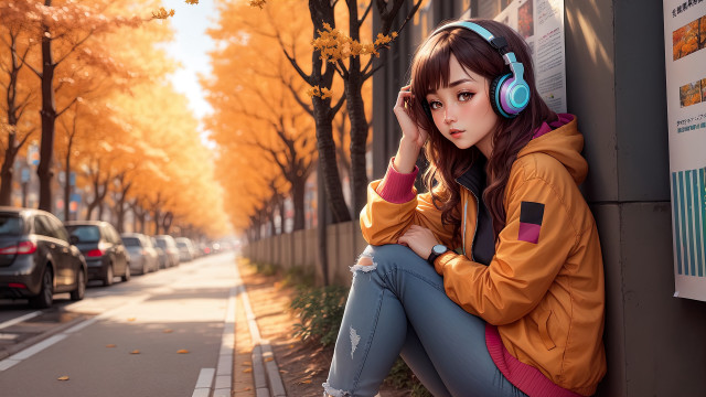 Girl road headphones autumn leaves free wallpaper - medium preview image