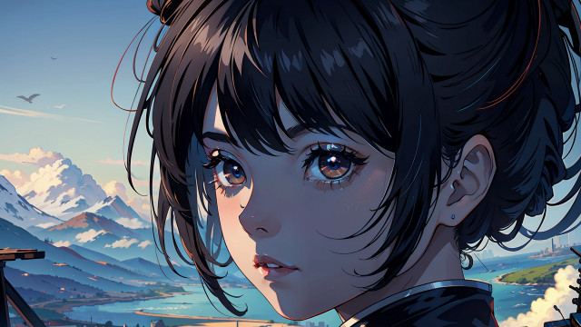 Woman blackhair blueeyes mountains bird free wallpaper for desktop - medium preview image