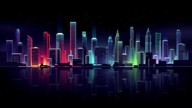 Cyberpunk city skyline night reflections free wallpaper - medium preview image