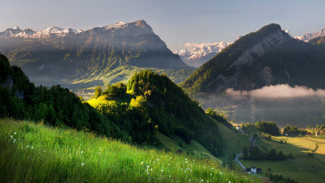 Green valley mountains river houses free wallpaper - medium preview image