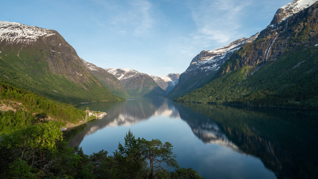 Lake mountains trees snow blue free wallpaper - medium preview image