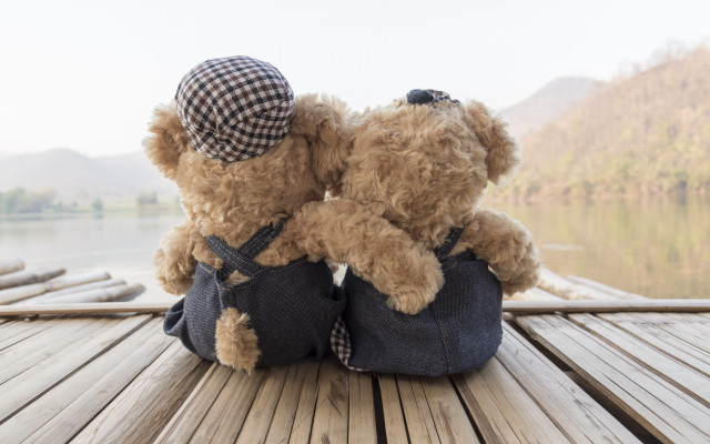 Teddy bears dock lake mountains free wallpaper - medium preview image