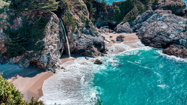 Waterfall ocean beach cliff sand free wallpaper - medium preview image