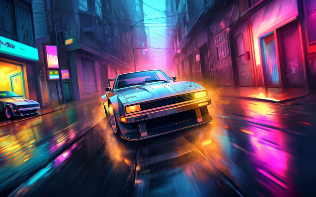 Neon city street night car free wallpaper - medium preview image