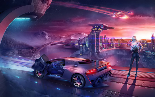 Futuristic city man car matte free wallpaper - medium preview image