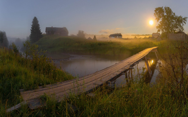 Wooden bridge river foggy field free wallpaper - medium preview image