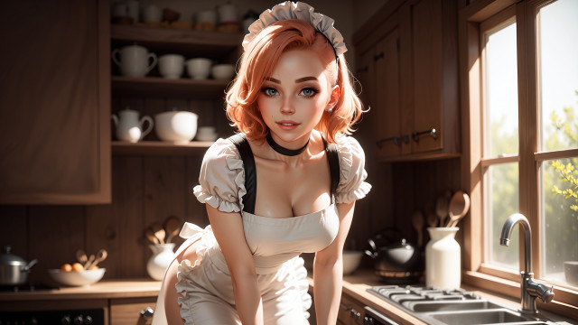 Woman white dress kitchen apron free wallpaper - medium preview image