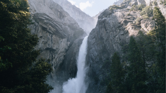 Waterfall canyon trees mountains cloudy free wallpaper - medium preview image