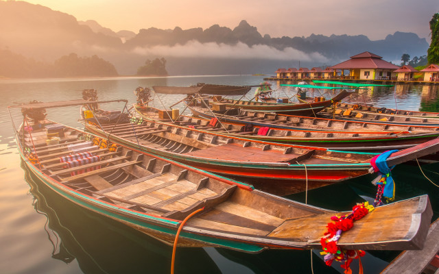 Boats lake mountains fog architecture free wallpaper - medium preview image