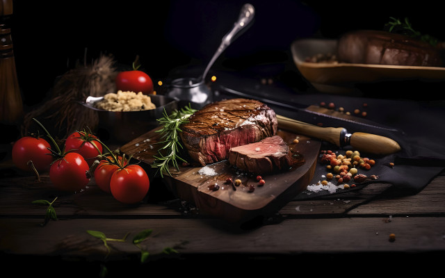 Steak cuttingboard tomatoes 3dfoodphotography apple free wallpaper - medium preview image