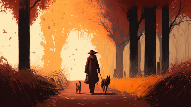 Man walking dog autumn forest free wallpaper - medium preview image