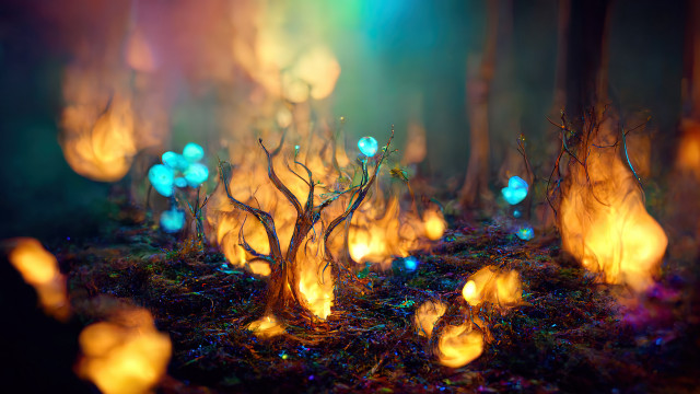Forest yellow lights tree stump free wallpaper - medium preview image